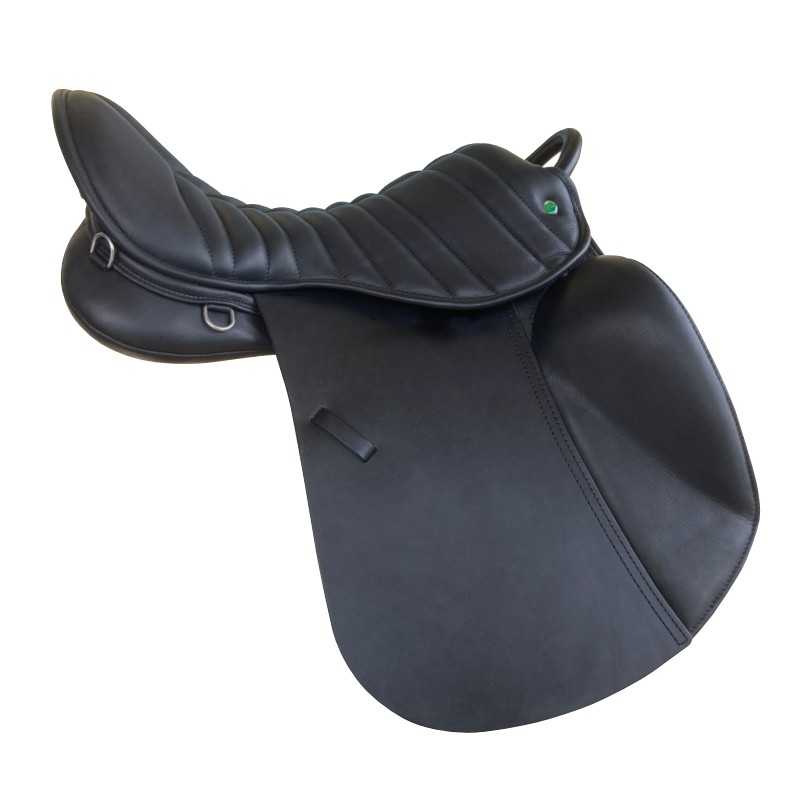 Sela de equitação preta com costuras acolchoadas e argolas metálicas