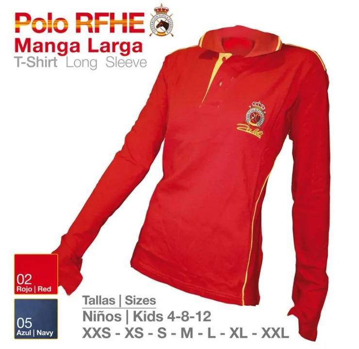 Polo vermelho de manga longa com bordado e detalhes amarelos