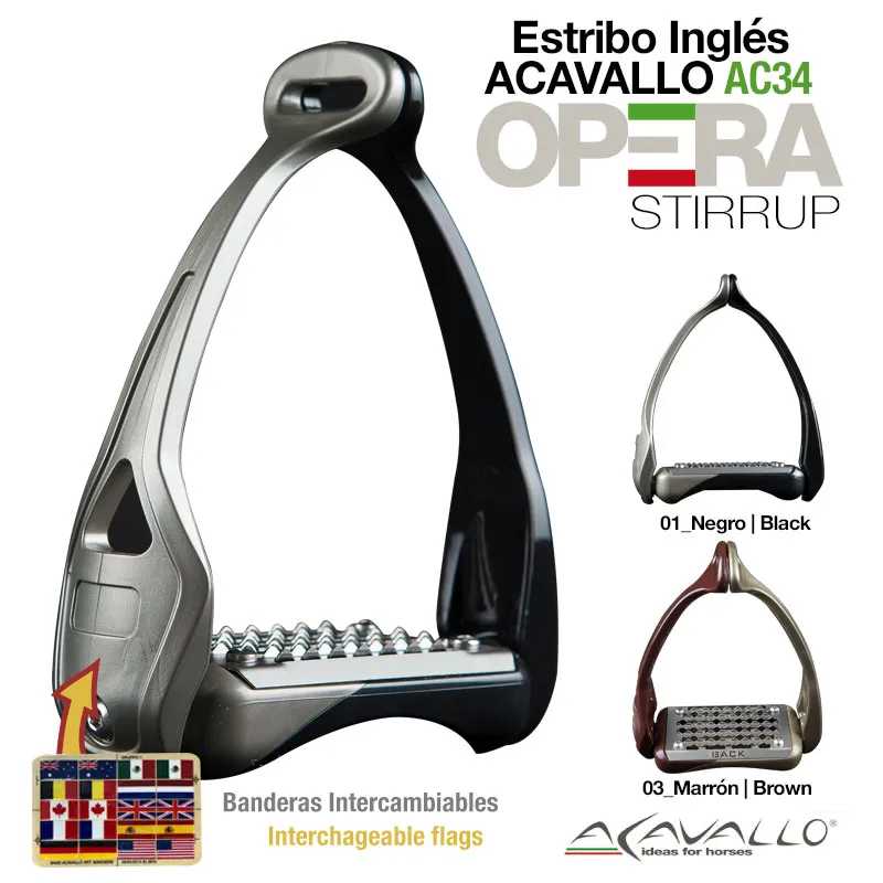 Estribo inglês Acavallo Opera Stirrup cinza e preto com bandeiras intercambiáveis