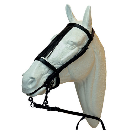 Cabresto preto em couro montado em manequim branco de cabeça de cavalo