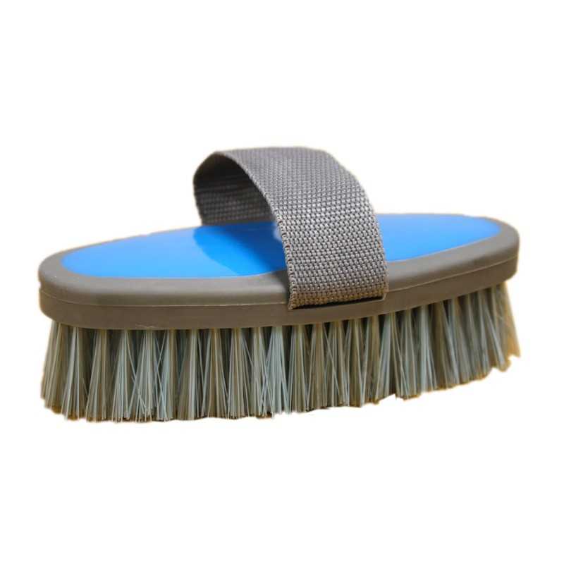 Escova de limpeza com cerdas e alça cinzenta e base azul