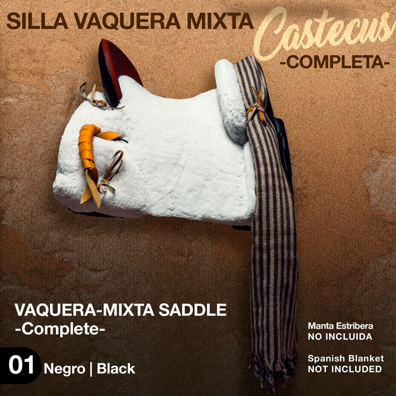 Sela vaqueira mista branca com detalhes castanhos e faixa riscada pendurada