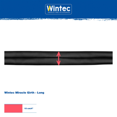 Faixa preta Wintec Miracle Girth com seta vermelha mostrando largura, logotipo Wintec e texto descritivo.