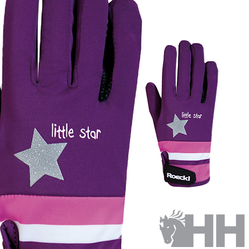 luvas roxas com faixas rosa e branca e estrela prateada