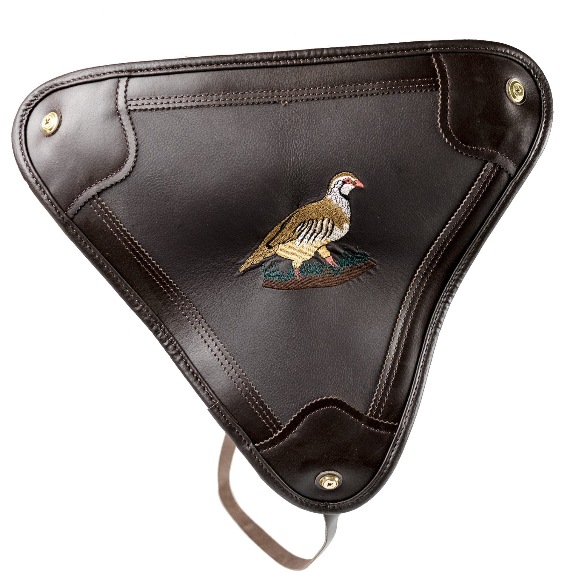 Bolsa triangular castanha em couro com bordado de ave no centro