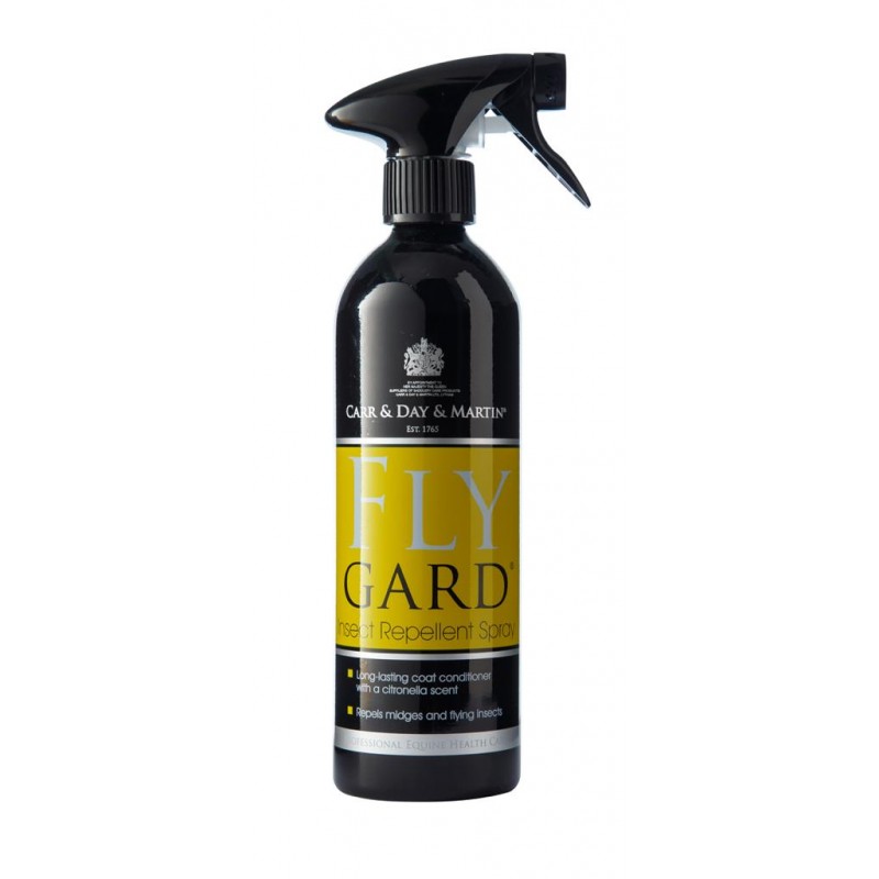 Spray repelente para cavalos Clare & Day & Martin FLY GARD com embalagem preta e rótulo amarelo