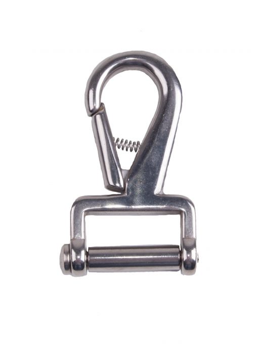 Mosquetão metálico prateado com mola visível