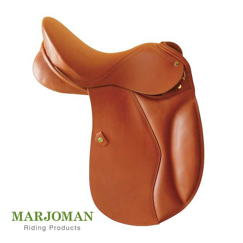 Selim de equitação castanho claro em couro com texto MARJOMAN Riding Products