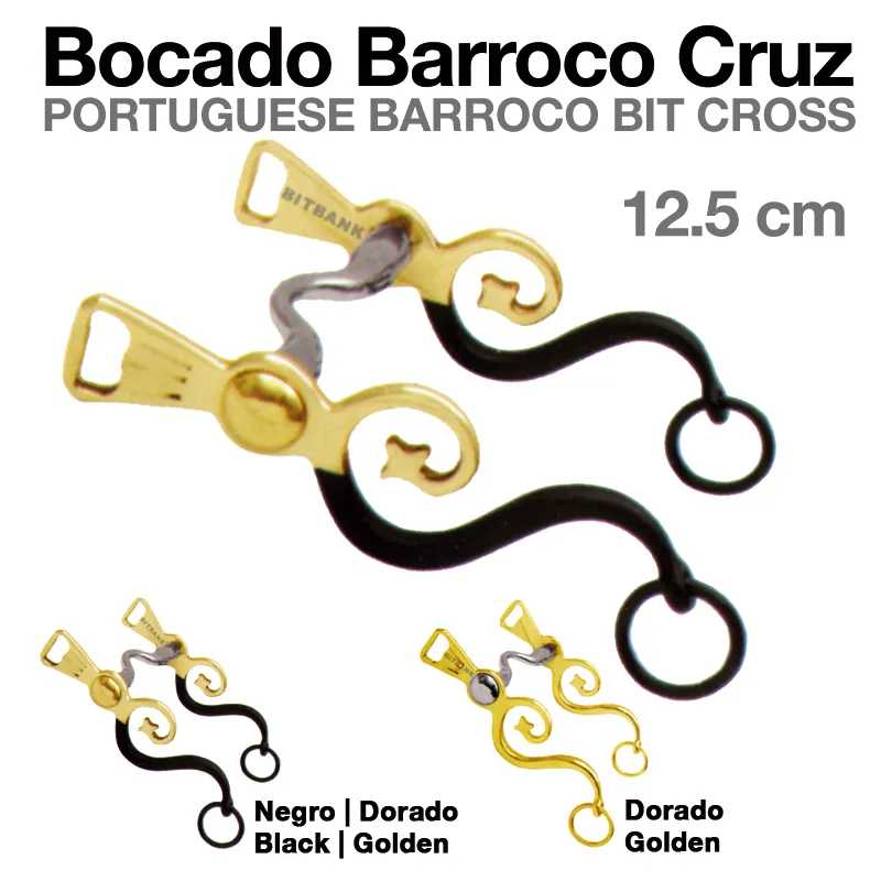 Esporas de metal barrocas nas cores negro e dourado, com texto informativo ao redor.