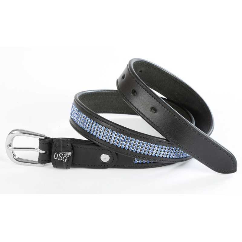 Cinto preto em pele com cristais azuis e fivela metálica