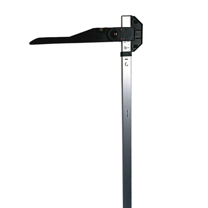 Instrumento de medição de altura preto e prateado com marcações em milímetros