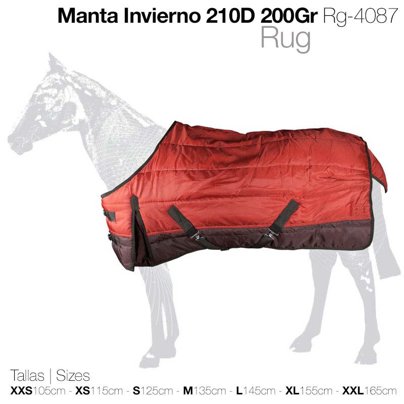 Manta de inverno vermelha e castanha para cavalo com fivelas pretas, rodeada por indicação de tamanhos.