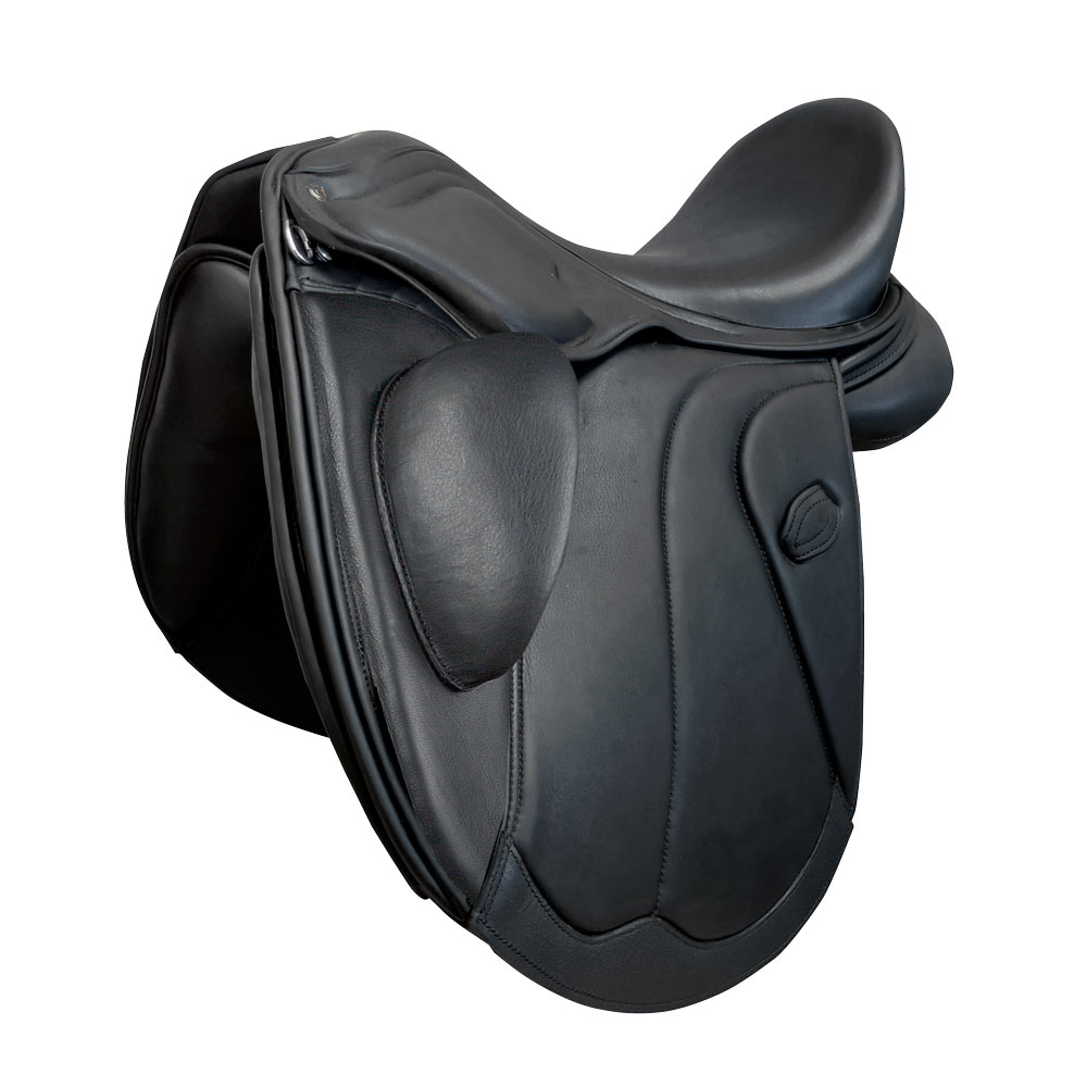 Sela de equitação preta em couro com apoios acolchoados