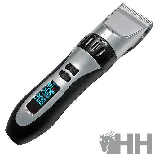 Máquina de cortar cabelo preto e prateado com ecrã digital azul e lâmina metálica