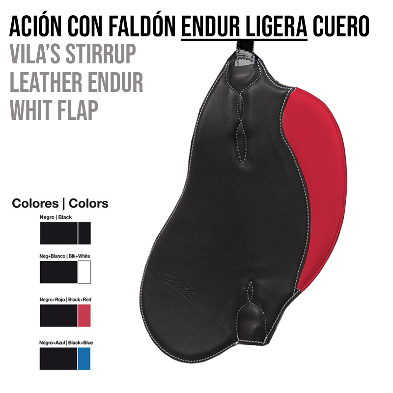 Sela stirrup de couro preto com aba vermelha e texto em espanhol com opções de cores