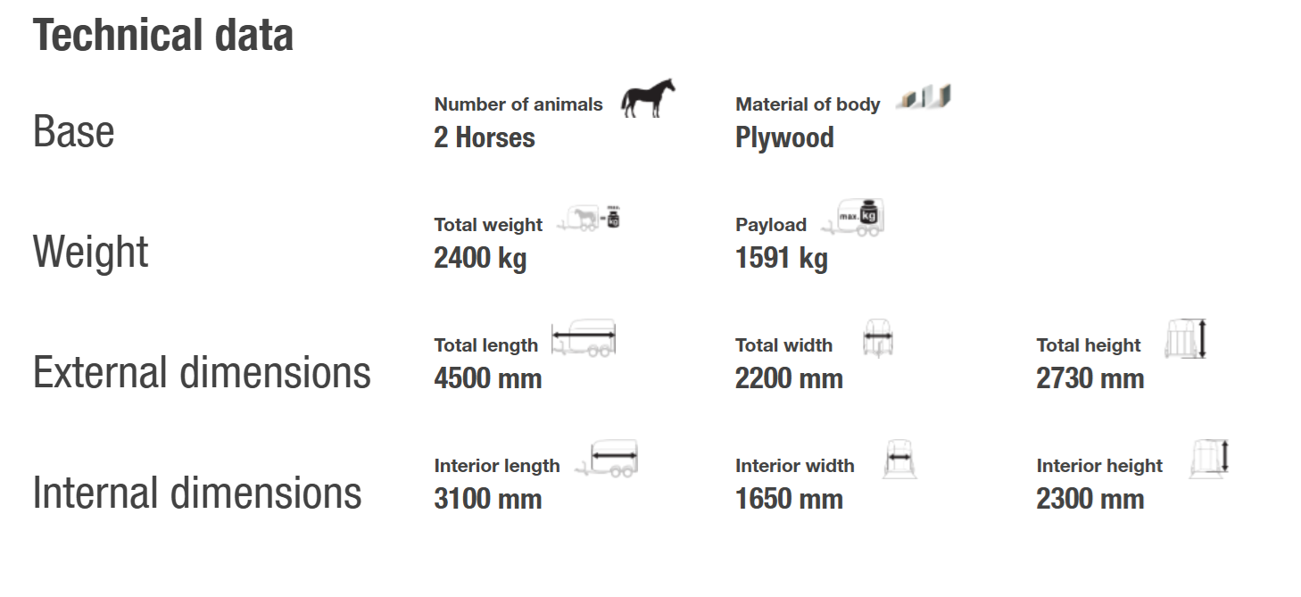 Dados técnicos para base de transporte de cavalos, incluindo materiais, pesos e dimensões externas e internas.