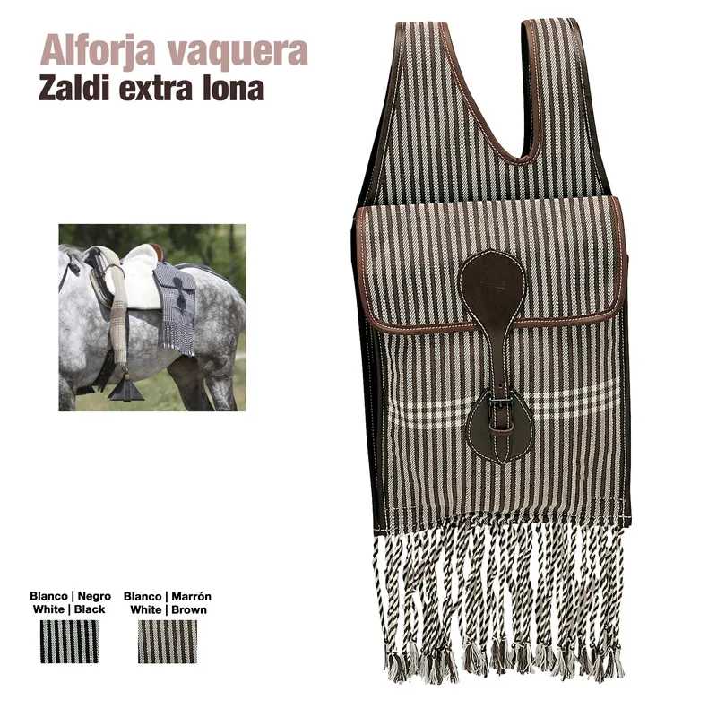 Alforja vaquera Zaldi extra lona listrada com franjas e couro castanho para cavalo