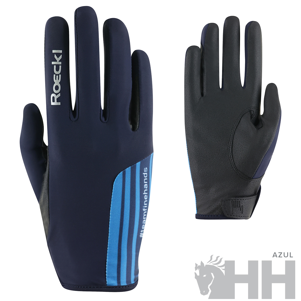 Par de luvas desportivas azuis e pretas com textos e riscas azuis