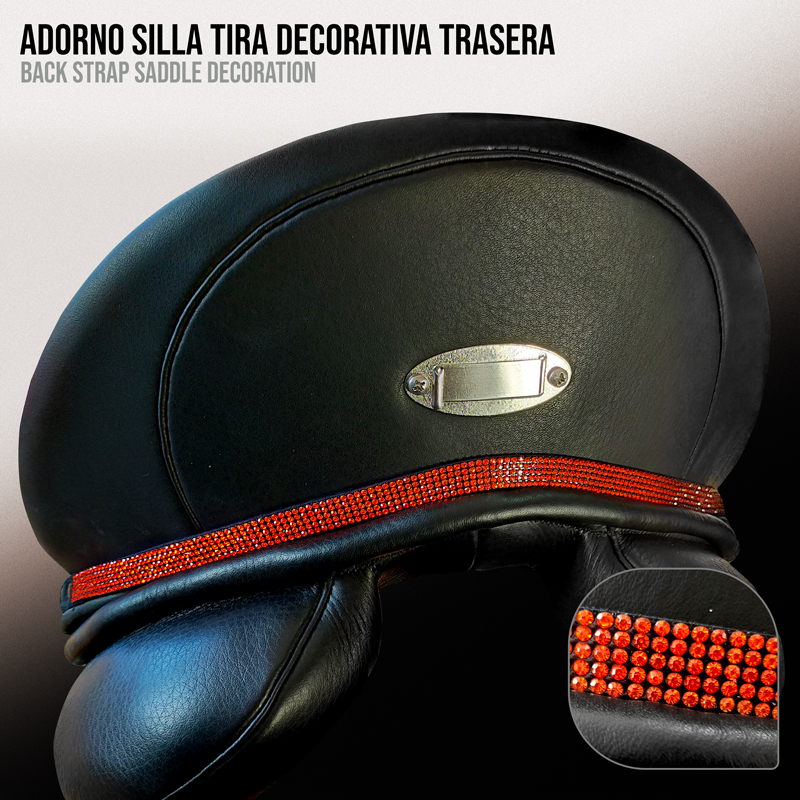 Adorno para cadeira de montar traseiro em couro preto com faixa decorativa laranja