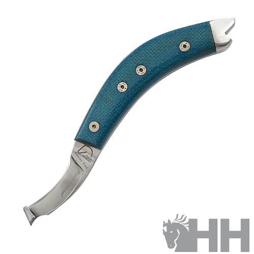 Faca com cabo azul texturizado e lâmina curva para equitação