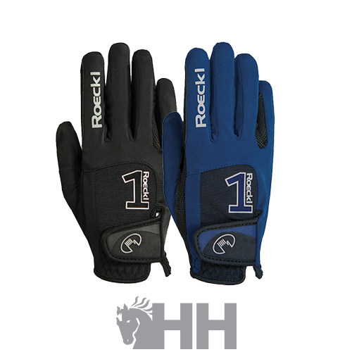 Par de luvas desportivas preta e azul com texto ROCK I e número 1