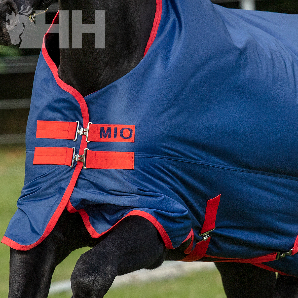 Manta azul para cavalo com tiras vermelhas e etiqueta MIO