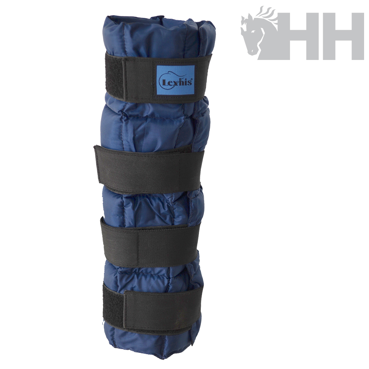 Proteção para patas de cavalo azul com tiras pretas e etiqueta Lexhis