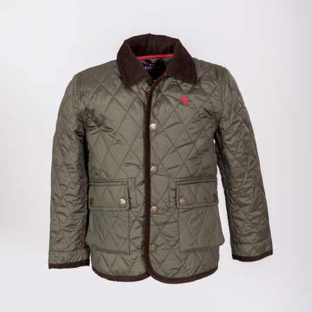 Casaco matelassê verde-oliva com gola castanha de veludo e botões prateados