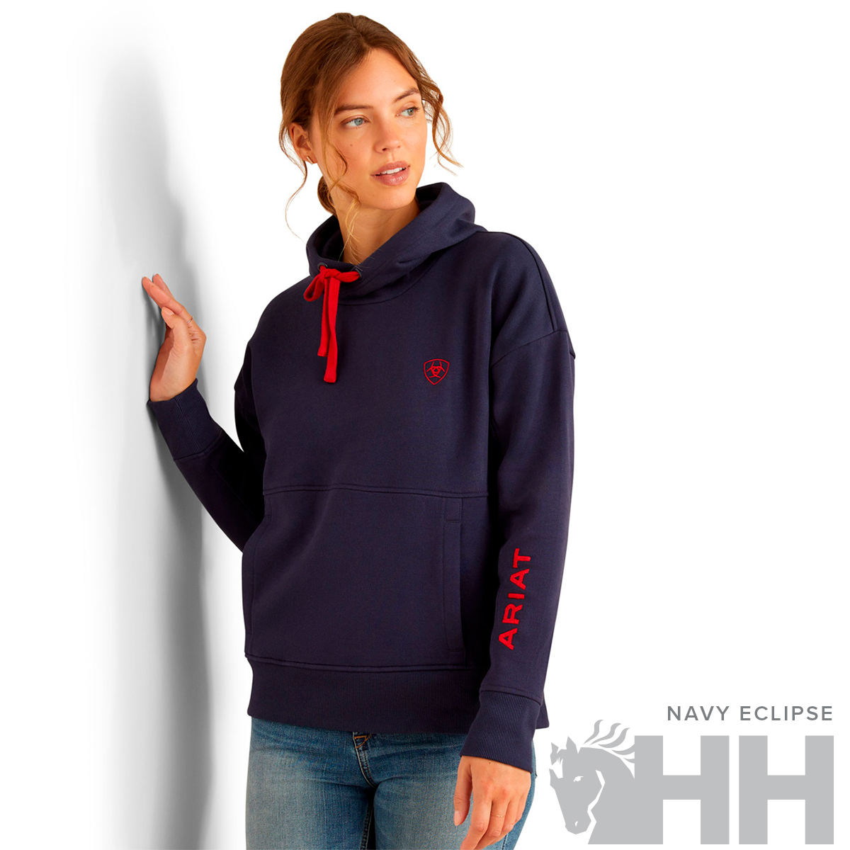 Sweatshirt hoodie azul navy eclipse com detalhes vermelhos e logótipo Ariat