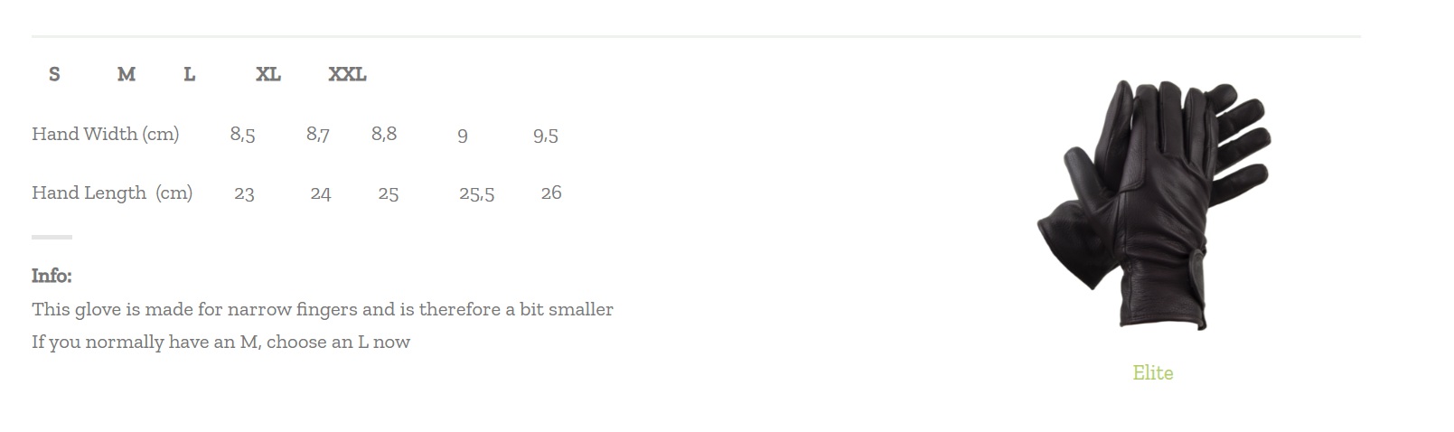 Luvas pretas com tabela de tamanhos e informações sobre ajuste