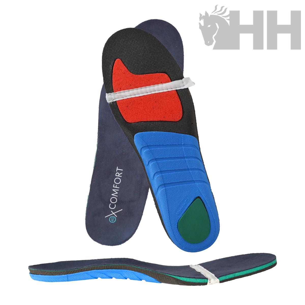 Palmilhas coloridas com texto EXCOMFORT e textura acolchoada