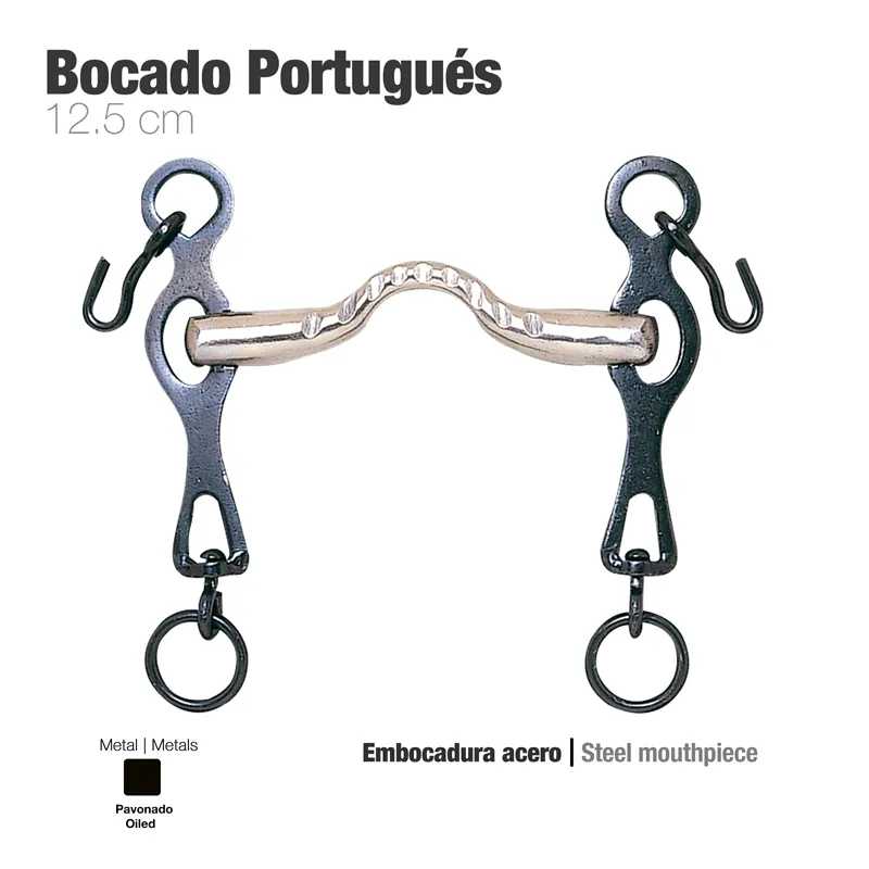 FREIO PORTUGUÊS EMBOCADURA AÇO PERNA PRETO 12.5cm