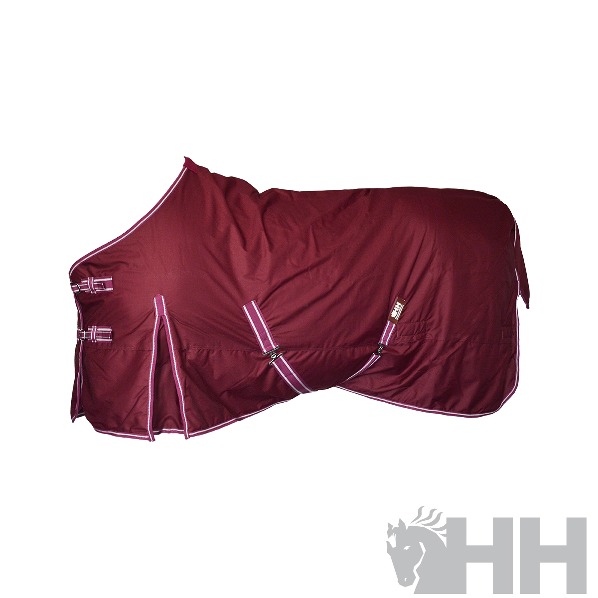 Manta bordeaux para cavalo com fechos metálicos e tiras cor-de-rosa, fundo branco