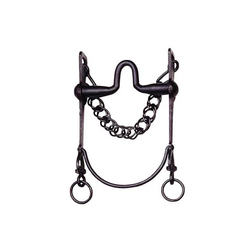 Freio de cavalo em metal escuro com corrente e argolas circulares