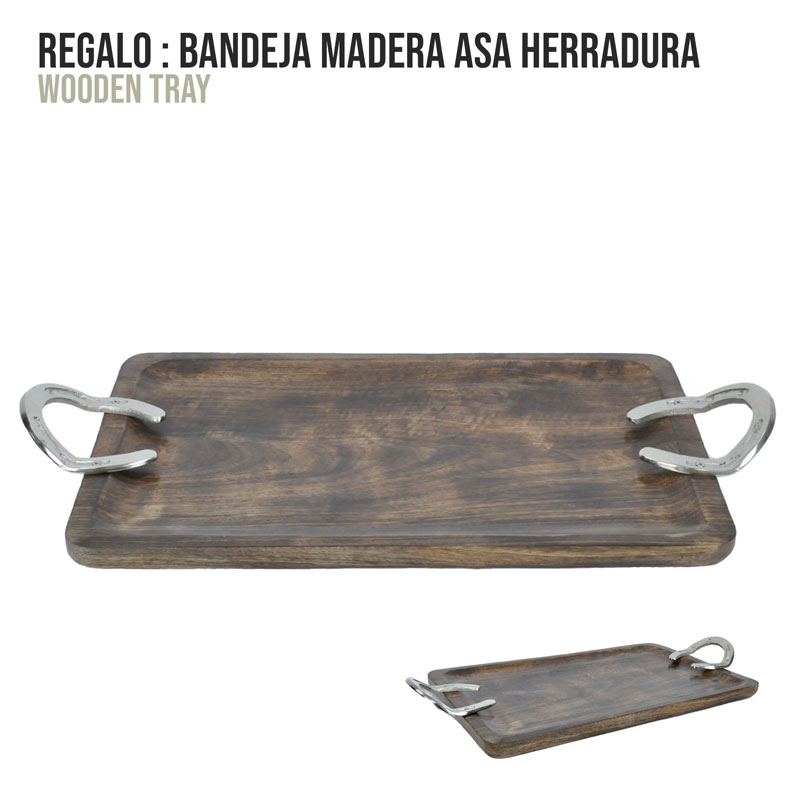 Bandeja de madeira escura com pegas em forma de ferradura metálicas