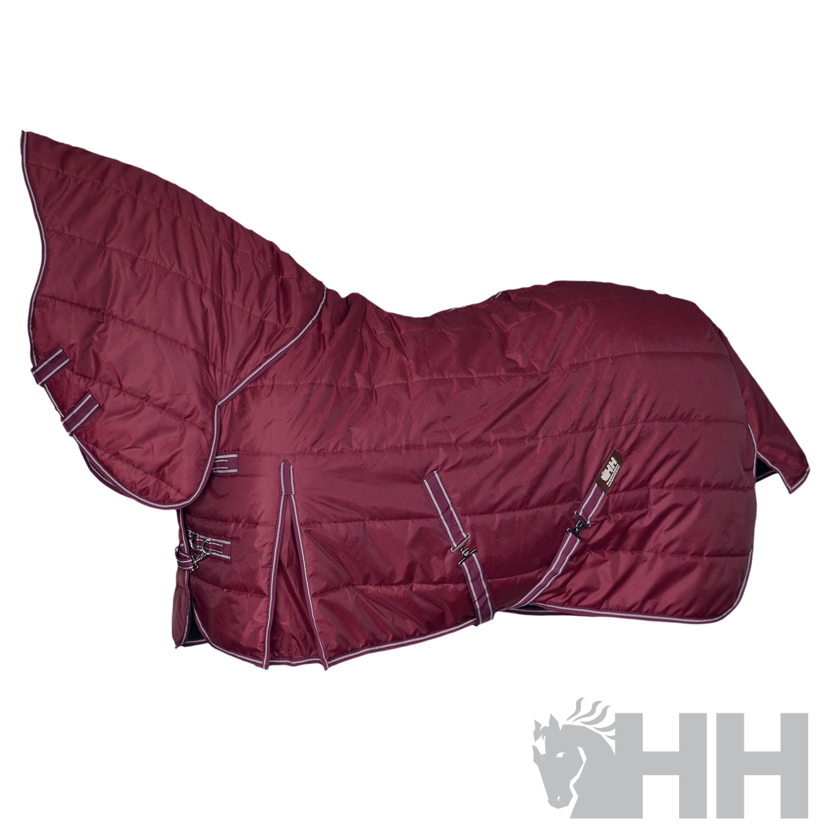 Cobertor de cavalo bordô acolchoado com tiras ajustáveis cinzentas