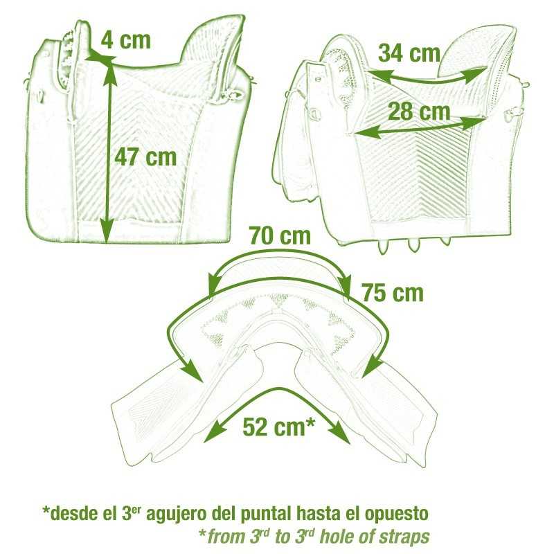 Ilustração técnica de sela de equitação com várias medidas em centímetros