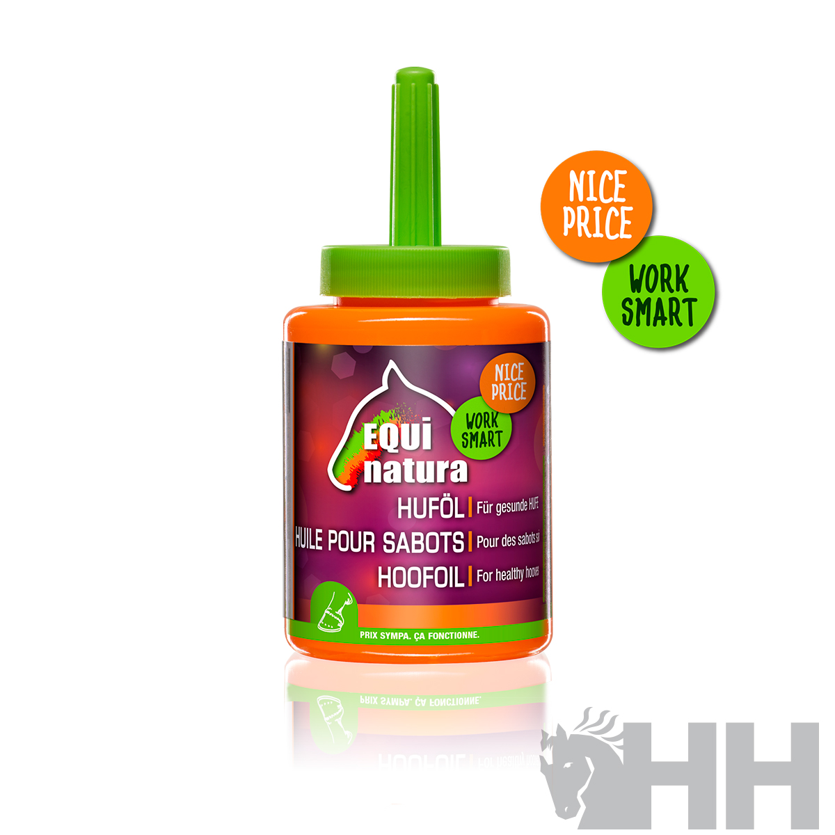 Frasco de óleo para sabots Equinatura com tampa verde e texto colorido