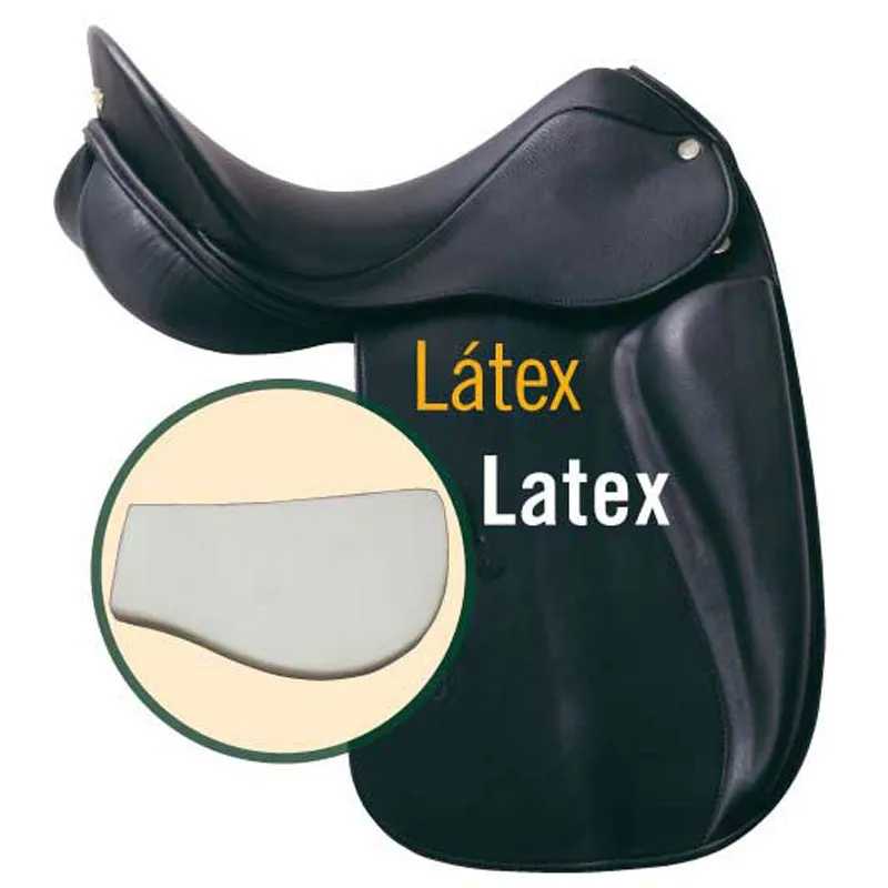 Sela preta de equitação em látex com texto Látex Latex