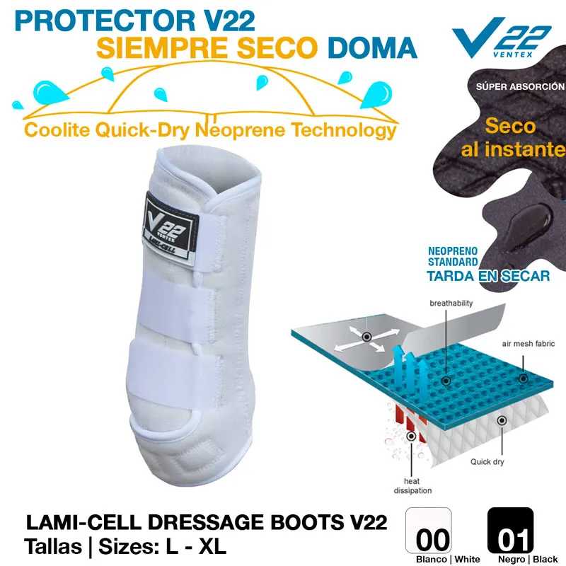 Bota de treino branca LAMI-CELL DRESSAGE BOOTS V22 com fecho e etiqueta V22, e esquema das camadas do material.