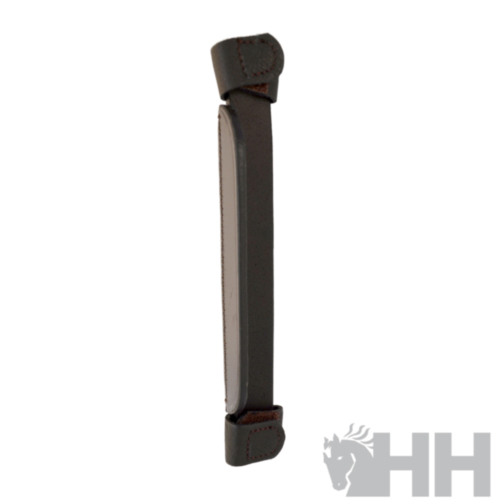 Alça de pega castanha escura com acabamento em couro e costura