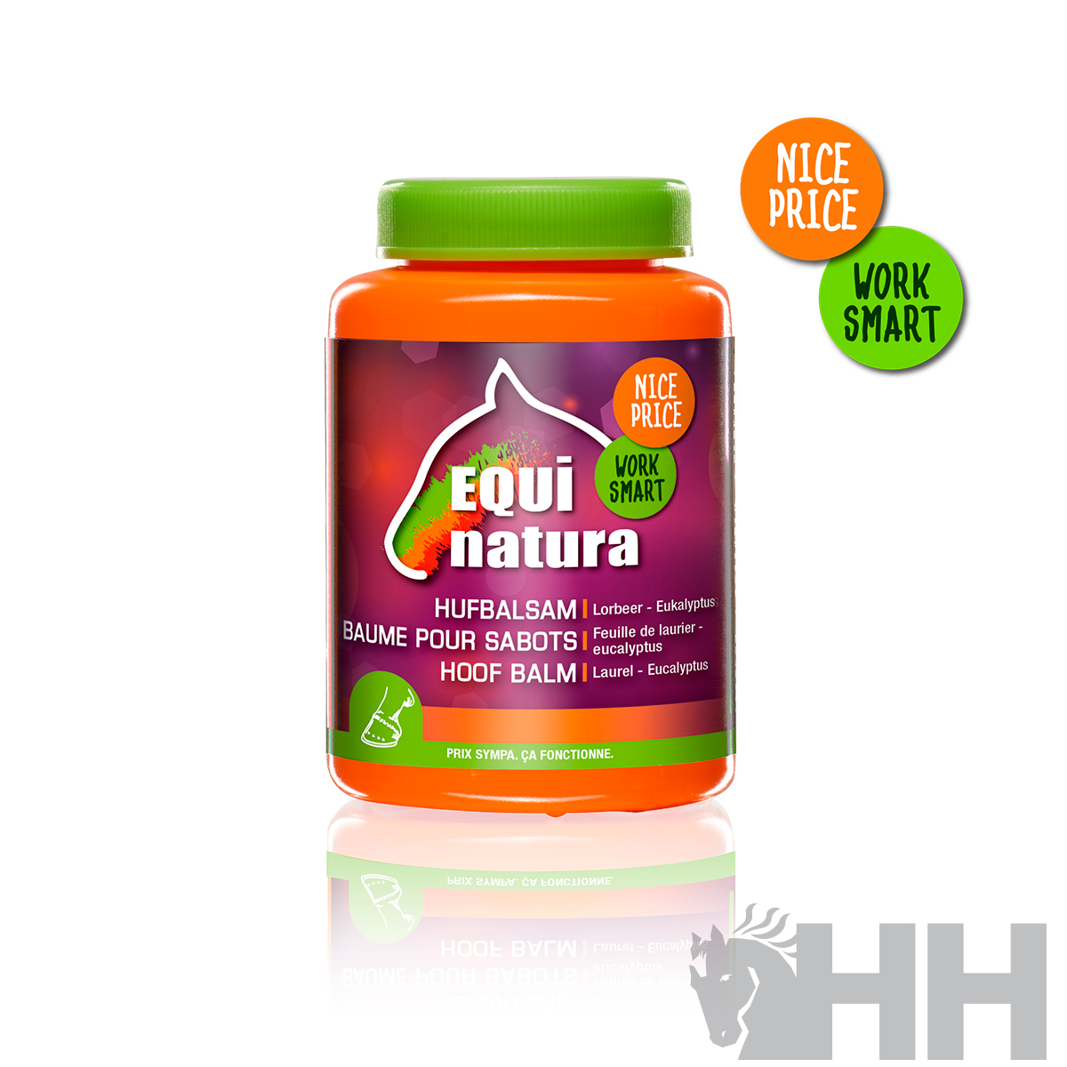 Frasco de bálsamo para cascos Equi Natura com etiqueta e adesivos coloridos