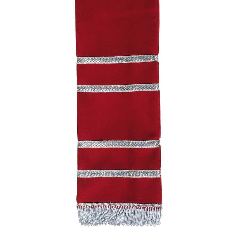 Cachecol vermelho com franjas prateadas e faixas prateadas horizontais