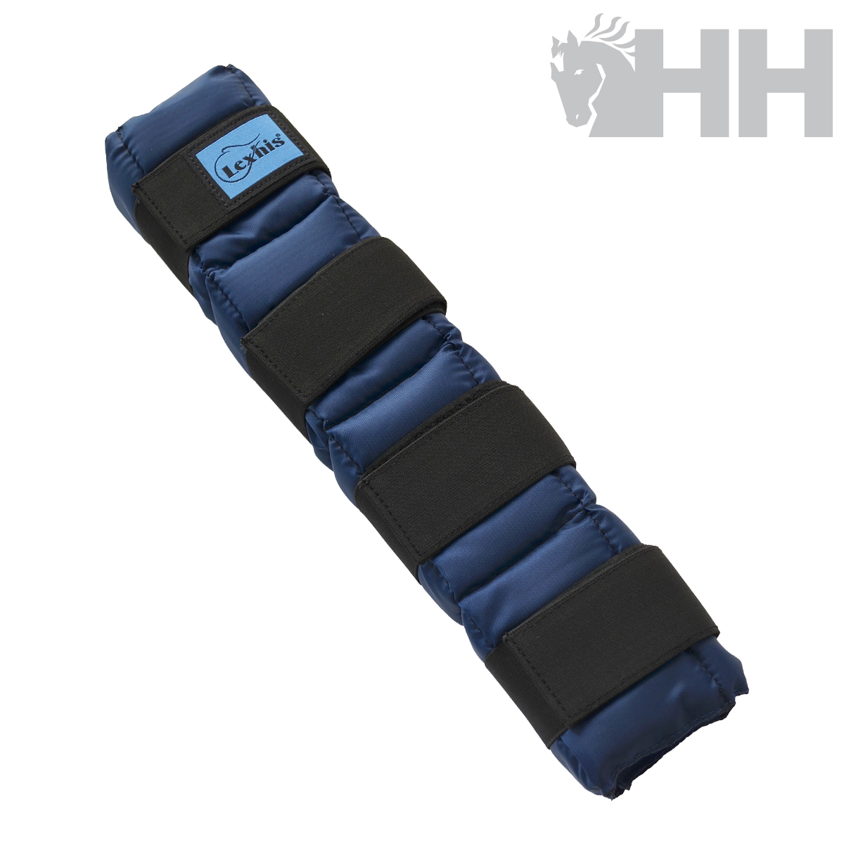 Protectores para patas de cavalo azuis com cintas pretas ajustáveis e etiqueta LeCheval