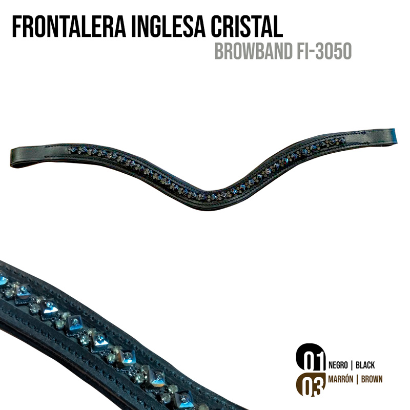 Frontalera inglesa de couro preto com cristais azuis