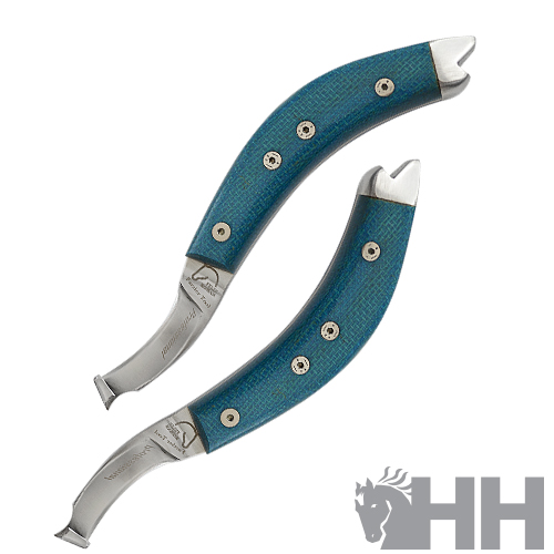 Espátulas com pega azul turquesa e lâmina metálica brilhante, sobre fundo branco com logótipo de cavalo cinzento.