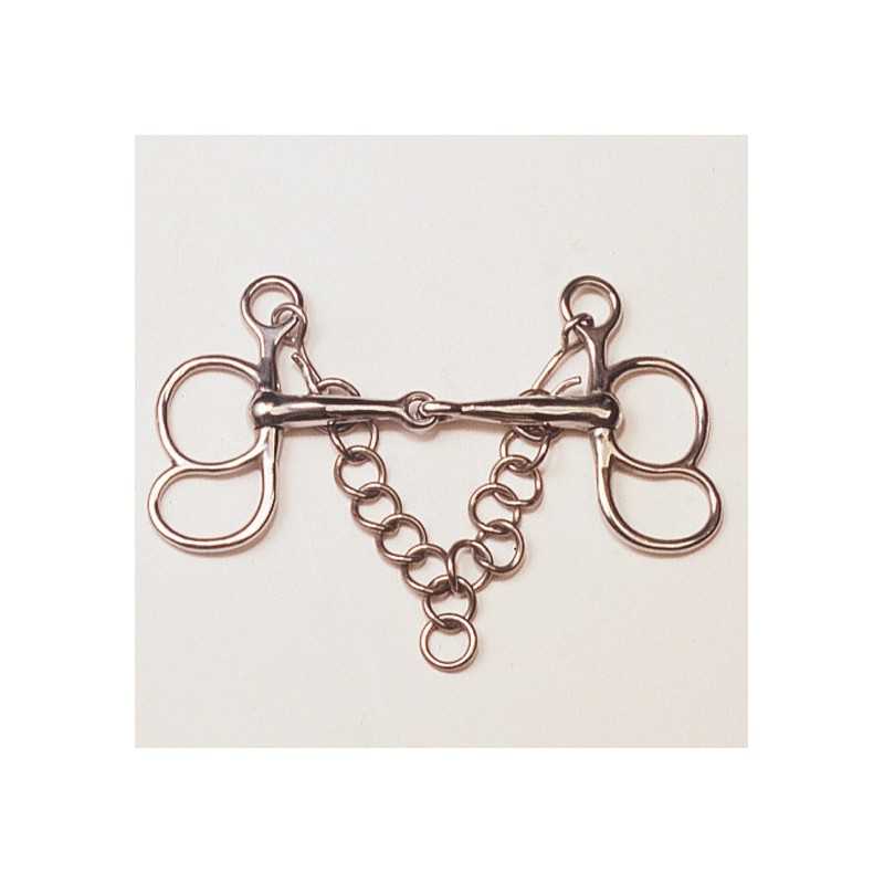 Freio de equitação em metal prateado com argolas e corrente