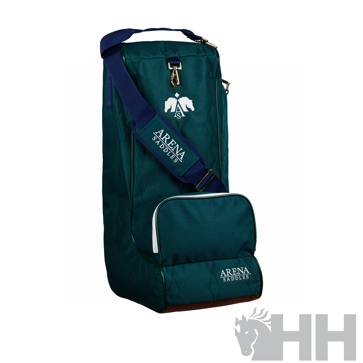 Bolsa verde escura com alça azul e logotipo ARENA SADDLES