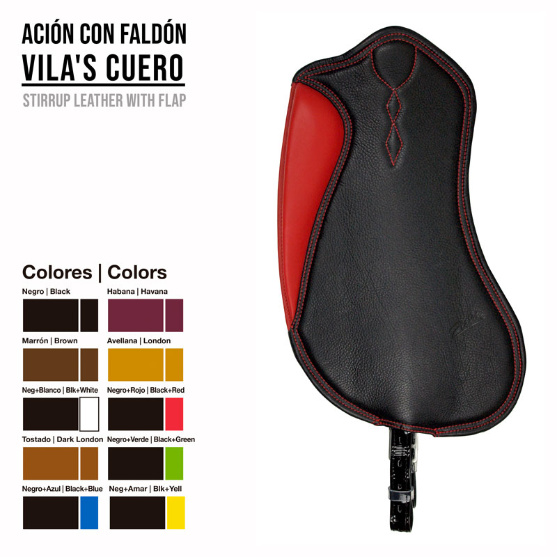Estribo de couro preto e vermelho para equitação com legenda de cores ao lado.