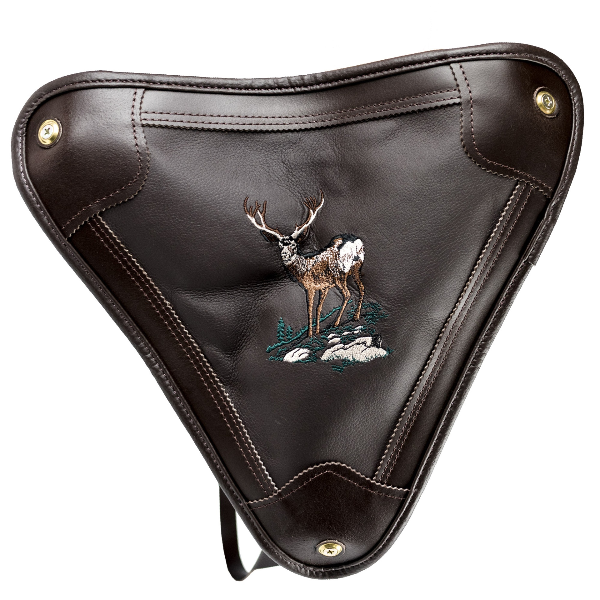 Capa de couro castanho com bordado de veado